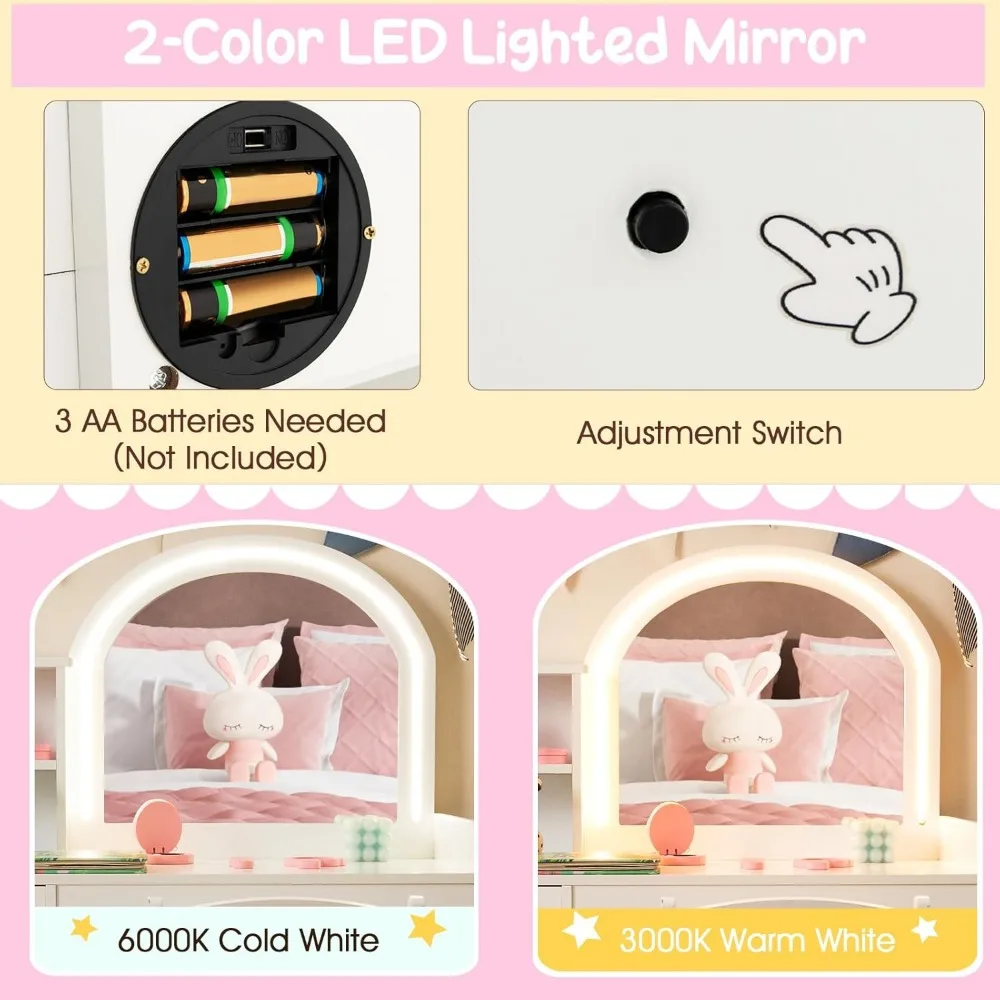 Tocador para niños con luces, juego de escritorio y silla de maquillaje Princess 2 en 1 con espejo iluminado, cajón, estantes de almacenamiento y gabinete