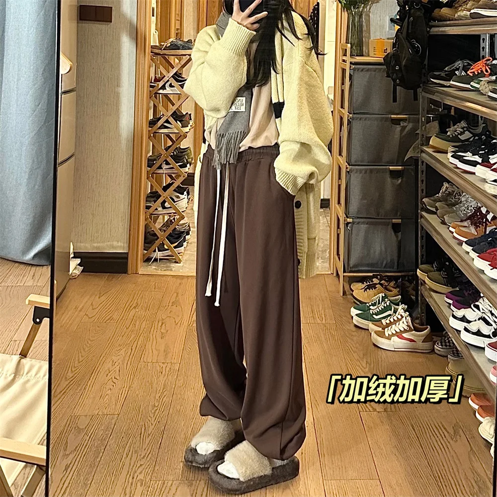 

High Quali Thiened Fce Lined Straight Leg Men's Sweatpants Retro Coffee Color American Sle Winter Sports Trousers