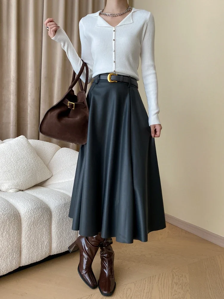 Fashion Casual Women Skirt PU Leather Ankle Length Solid Color A Line Pleated Skirt Leisure Formal Skirt with Belt French Style