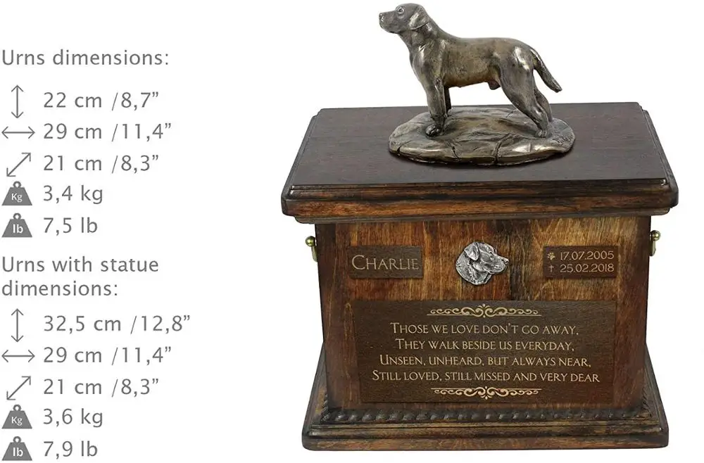 Labrador Retriever Urna Memorial com Estátua para Animais, Urna personalizável para Cinzas do cão