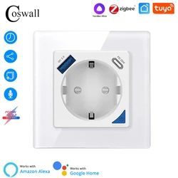 Alice Zigbee-enchufe de pared inteligente Tuya EU, cargador rápido USB Dual con Panel de placa de vidrio, PD 20W, tipo C y A, monitoreo de energía