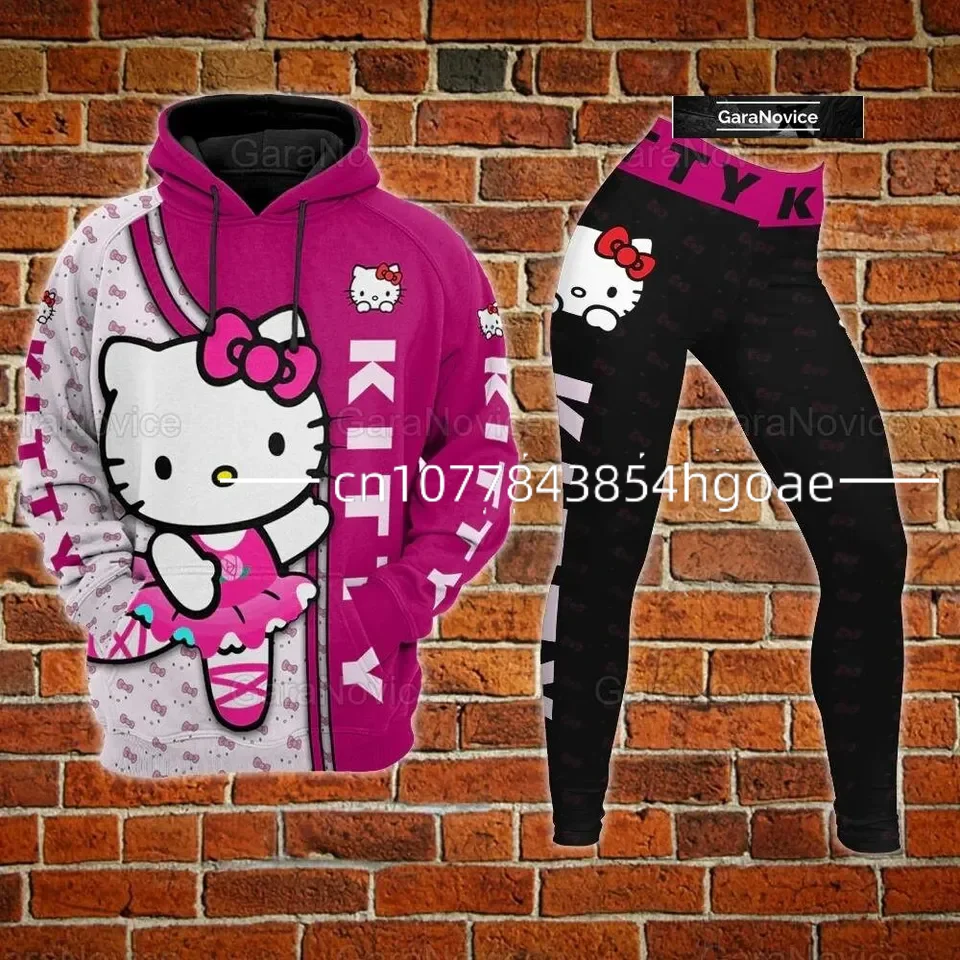 2024 New Hello Kitty 3D Hoodie Women\'s Hoodie Leggings Suit Stitch Yoga Pants Sweatpants Fashion Sports Suit Disney Yoga Suit