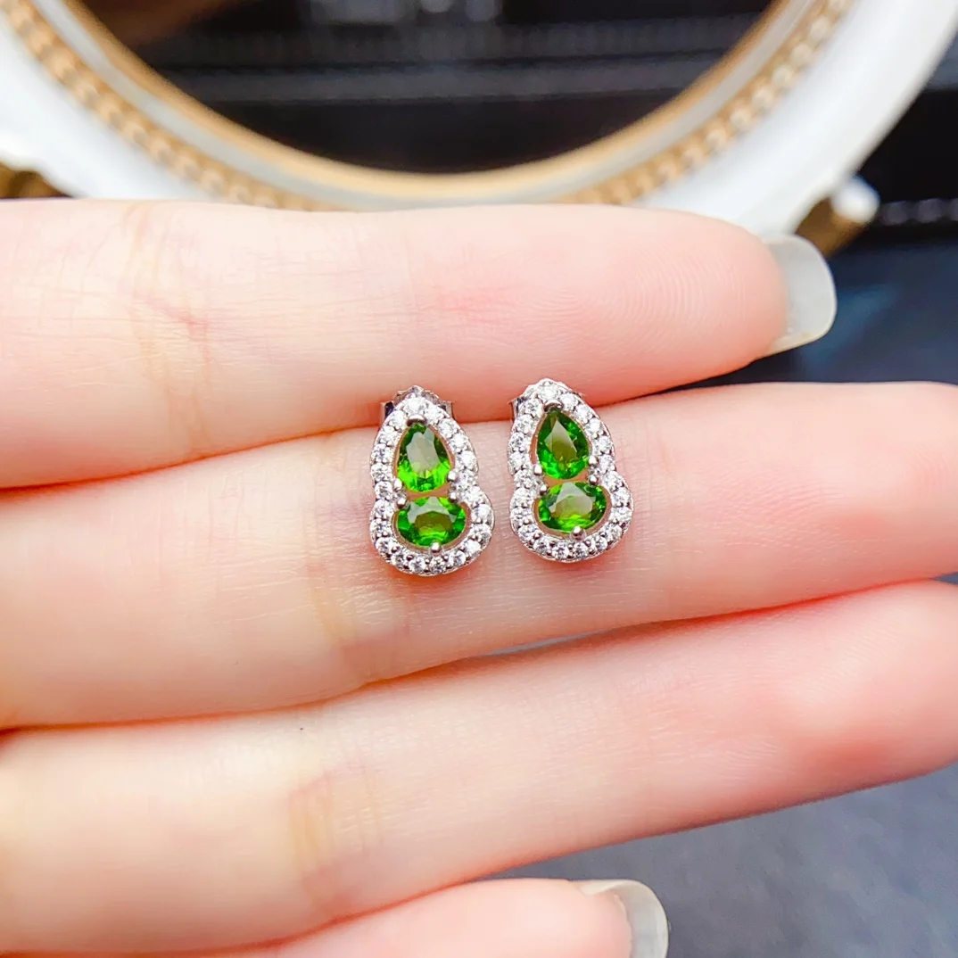 

3*4mm Natural Diopside Earrings S925 Sterling Silver Certificate Fine Fashion Calabash Design Charm Wedding Jewelry for Women FS