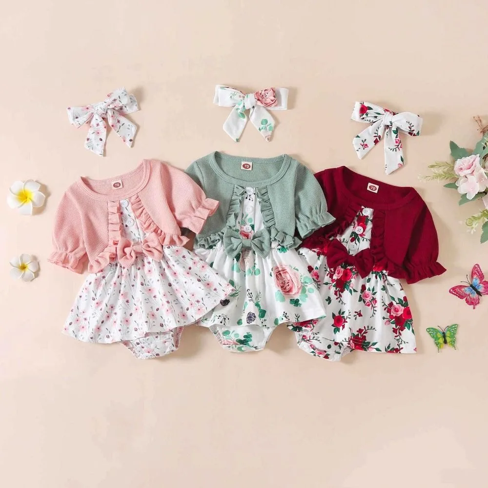 أزياء Bowknot طفل فستان الأميرة زهرة حلوة الصيف الطفل ارتداءها الرضع القطن كاذبة 2 قطعة بذلة فستان عطلة الشاطئ