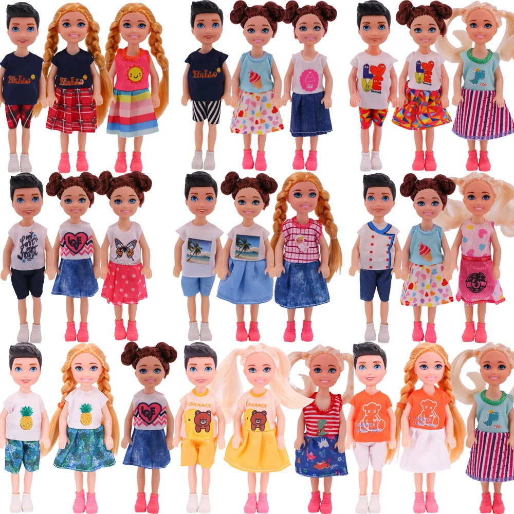 3 Pcs/set Mini Doll 14 cm Cute Doll Clothes For Kelly Doll Male Boy's Doll Girls Fashion Butterfly/Love Printed Dress Gift Child