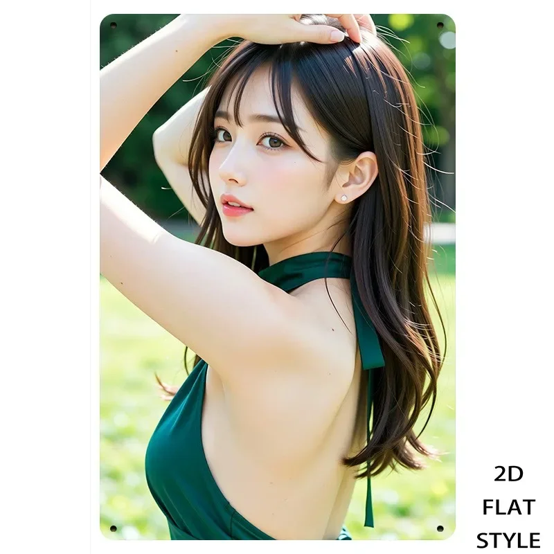 Vintage Elegant Asian Woman Metal Tin Sign - Retro Fresh Girl with Long Brown Hair in Green Halter Backless Dress, Posing with H