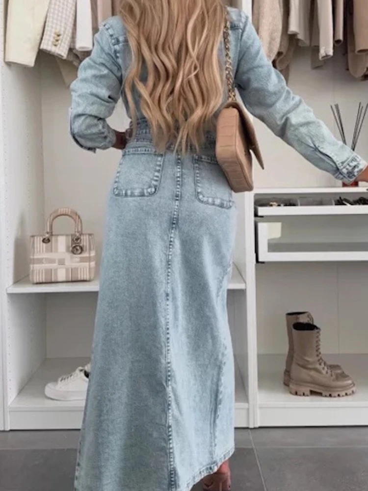 Herbst Neue Tasche frauen Kleid Mode Revers Langarm Einreiher Kleid Temperament Einfarbig Dünne Denim Shirts Kleid