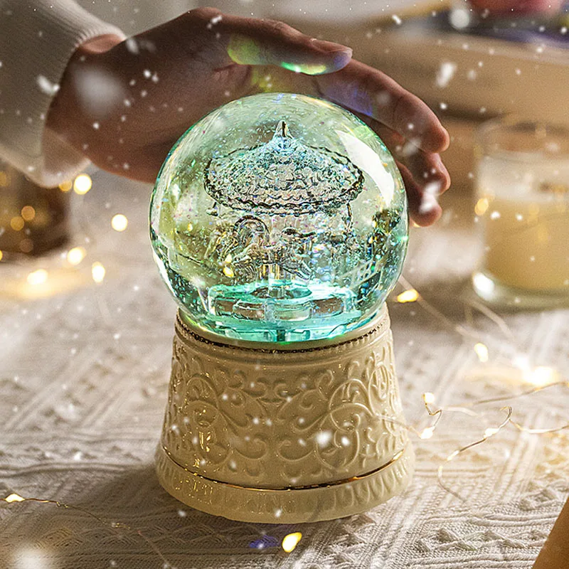 Ceramics Merry-Go-Round Snowflake Crystal Ball Music Box Handicraft Desktop Ornament Birthday Gift Living Room Home Decoration