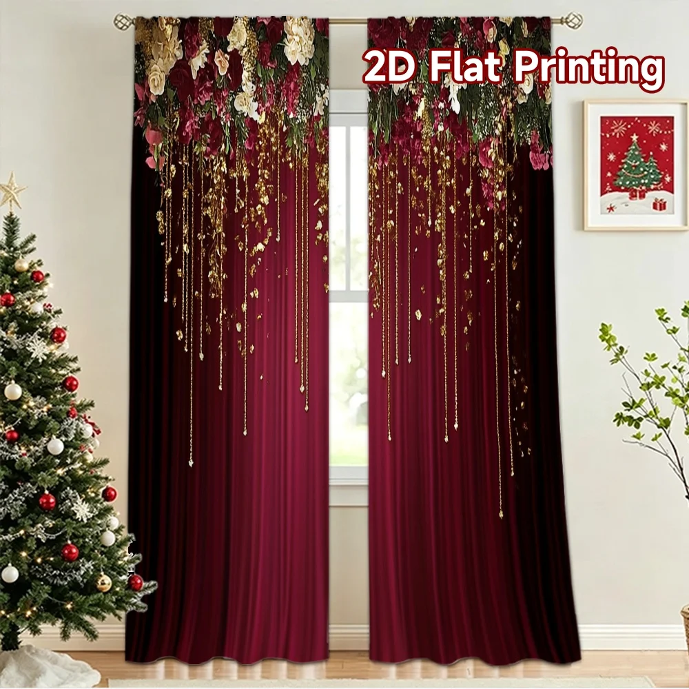 2D flat 2pcs Curtain Vintage drapes and curtains Red Floral Garland Digitally printed polyester, colorfast Festive Wall Decor