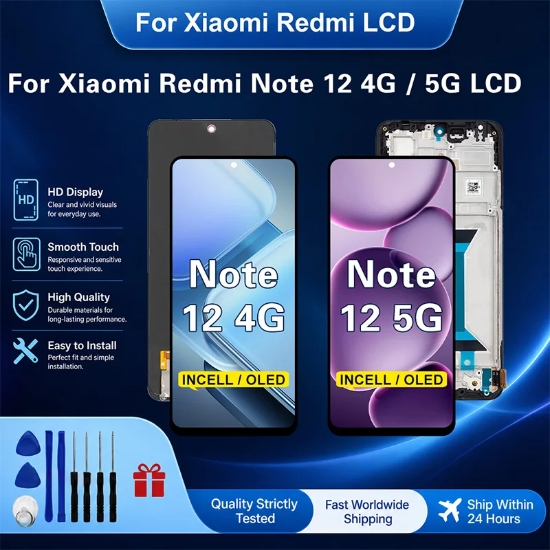 AMOLED For Xiaomi Redmi Note 12 4g 5g LCD  Touch Screen Digitizer Panel Assembly 23021RAAEG 23021RAA2Y Screen Display Replace