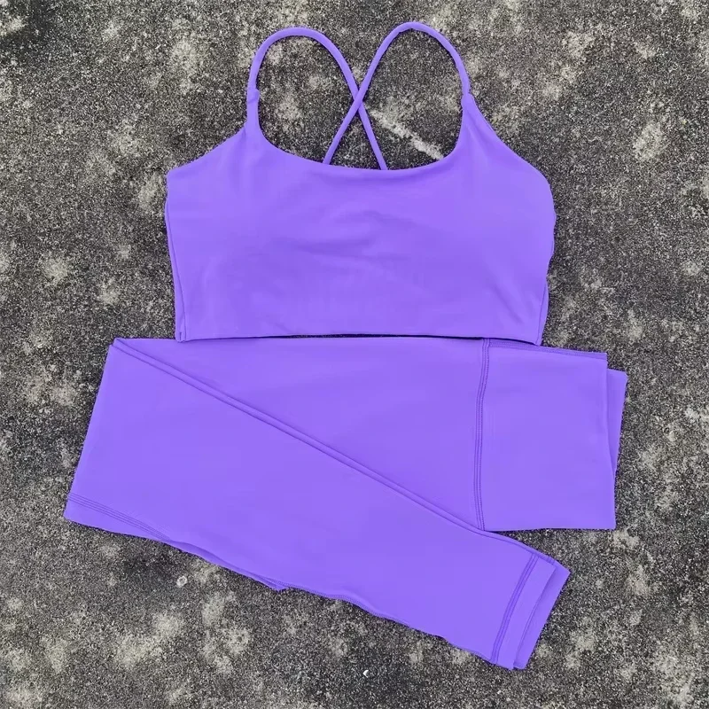 Solid color Women cross Back Shoulder Straps fitness Bra Top +High waist Yoga Leggings 2pc Gym Yoga Set Athletic Tight sportwear