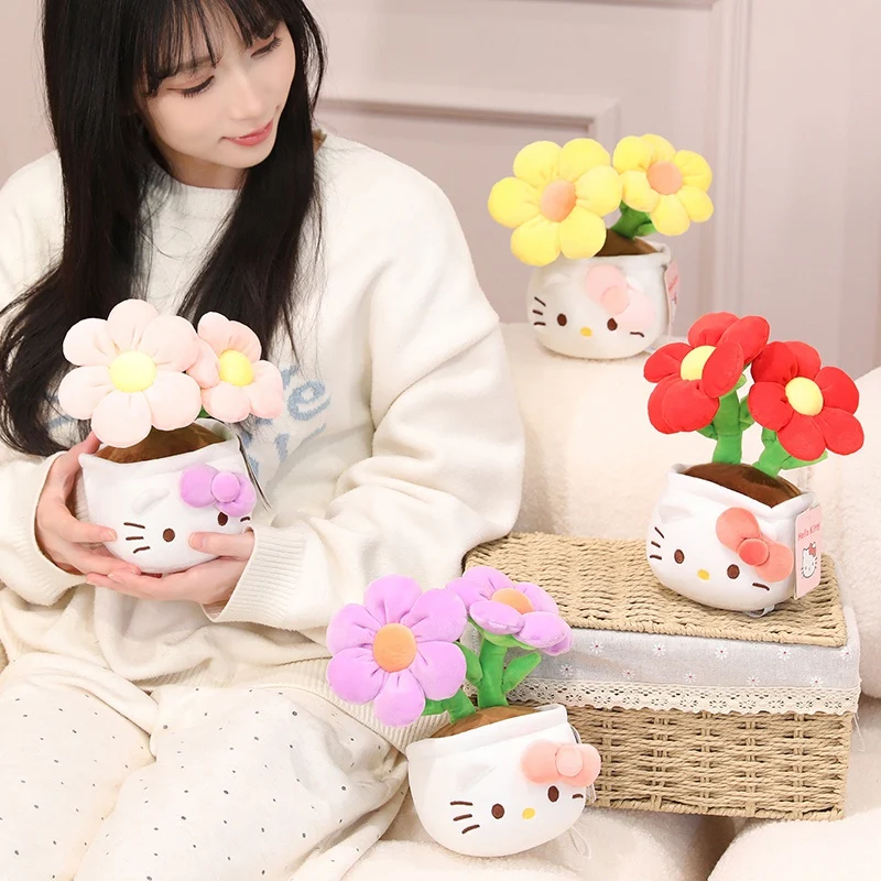 Sanrio Anime High Quality With Tag Hello Kitty Potted Plant Plush Toy Lovely Flower Doll Kitty Cat Plushies Stuffed Girl Gift
