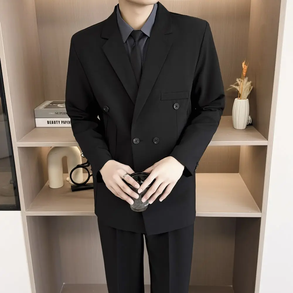 

Мужской повседневный пиджак свободного кроя в гонконгском стиле, модный деловой пиджак из полиэстера с длинными рукавами, стандартной длины, двубортный