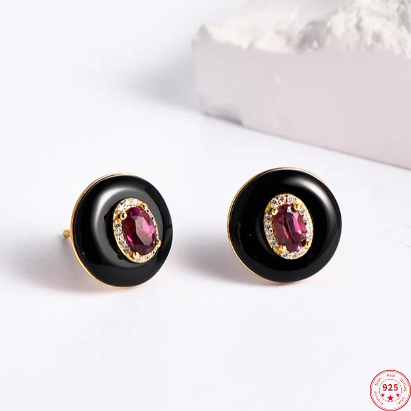 

S925 Sterling Silver Charms Studs Earrings for Women New Fashion Contrast Colored Agate Garnet Ear Studs Jewelry Free Shipping