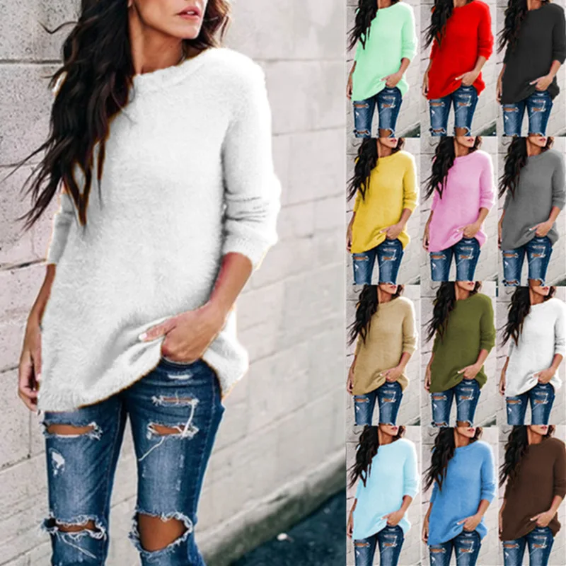 

2024 Female Autumn New Plush Pullover Top Long Sleeve Women O-Neck Solid Color Casual Splice Loose Comfortable Jumper