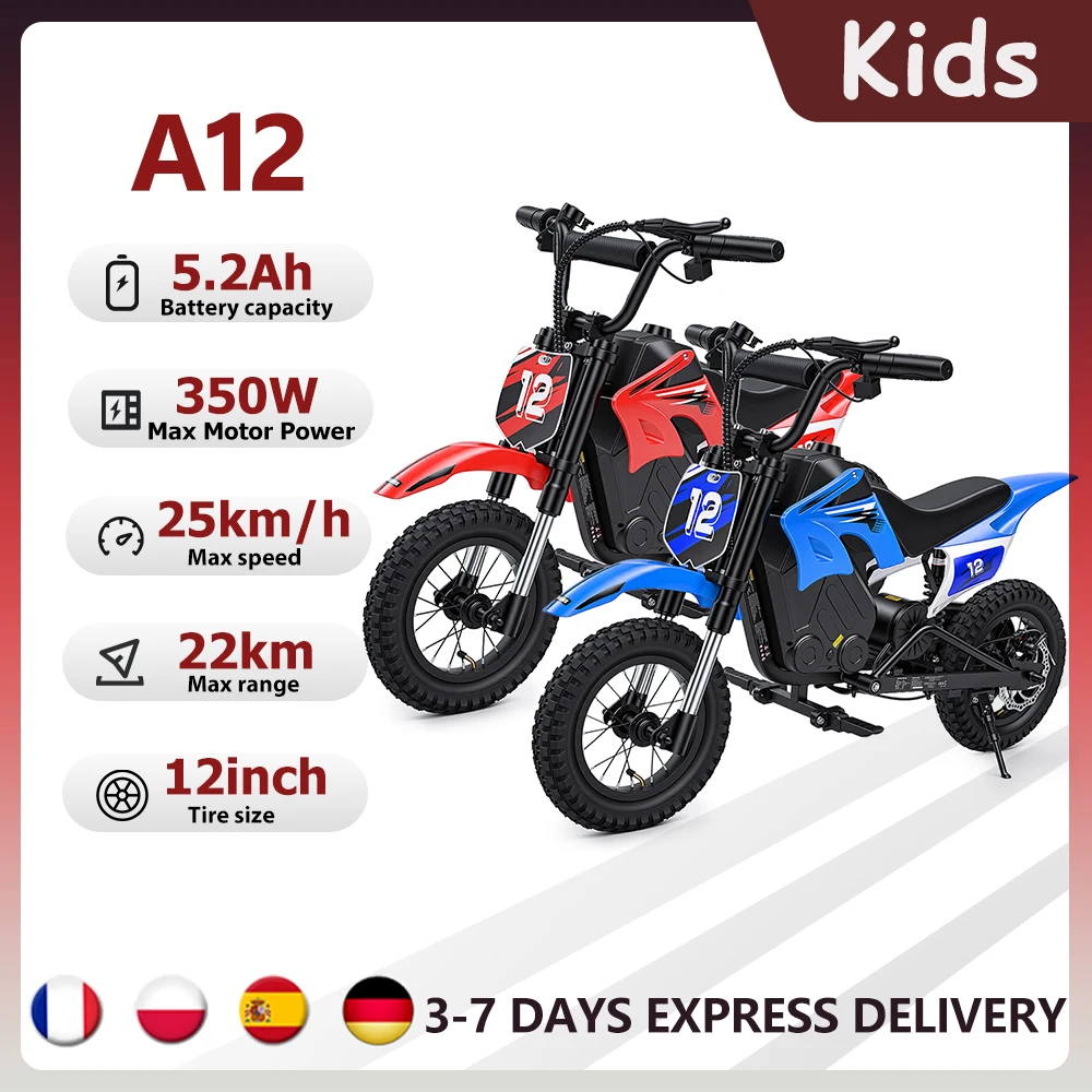 Moto électrique tout-terrain iScooter A12 pour enfants, 350W, 5.2Ah, vitesse maximale 25 km/h, roues de 12 pouces, pour la conduite hors route.