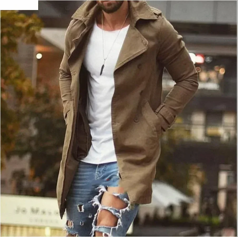 Men's Lapel Trench Coat  Autumn Winter Warm Overcoat Men Fashion Casual Long Sleeve Jacket Slim Button Jacket Coats for Men