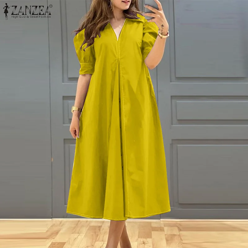 ZANZEA Plus Size 5XL Womens Casual Midi Dresses V-Neck Short Puff Sleeve A-Line Long Dress Spring Vacation Oversized Robes Femme