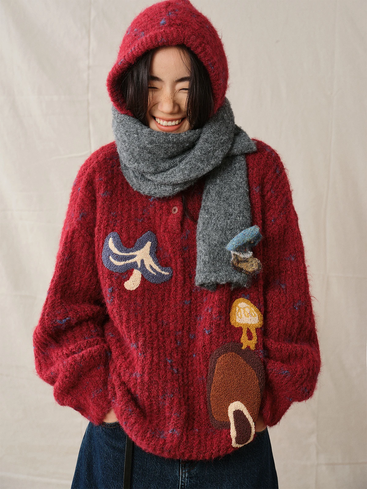 

Octopusme Spring Vintage Woolen Hoodie Sweatirt Towel Embroidery Lazy Knitted Top Women's Loose Fit Long Sve Crew Ne