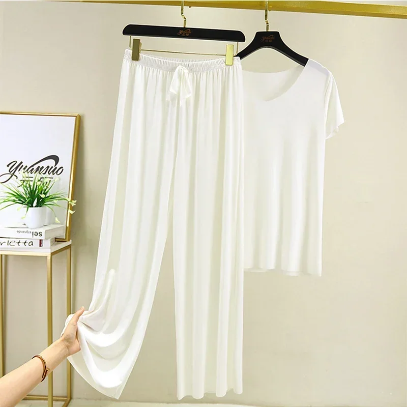 Women'S Pajamas Summer 2 Piece Sets Pyjamas Femme Outfits Vacation 2025 New Collection Wide Leg Pants Elegant Casual plue size