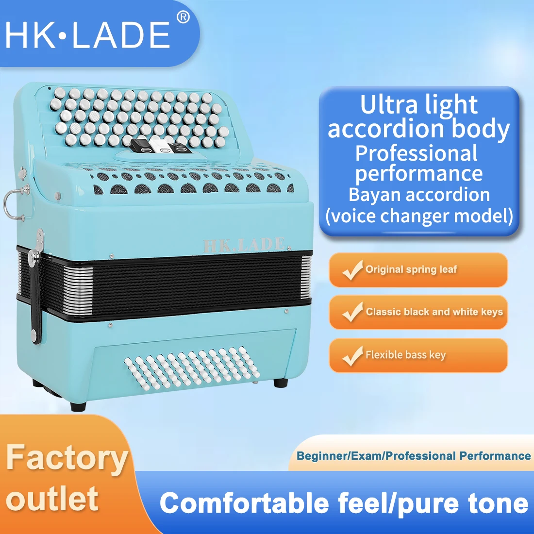 HK·LADE Bayan accordion 62/60 bass Non-Slip Keys Accordion Professional 3 Chromatic Accordion Set for Practice Perform with Case