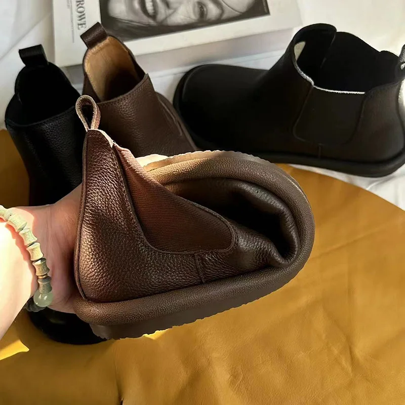 Autumn Chelsea Boots Genuine Leather Shoes For Women Retro Carved Boots Round Toe Ankle Boots British Style Women Shoes