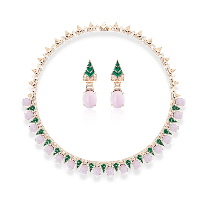 

Light Luxury Purple Gem Necklace Earrings Set Gold Plated Court Style Enamel Women Evening Party Elegant Jewelry Gift