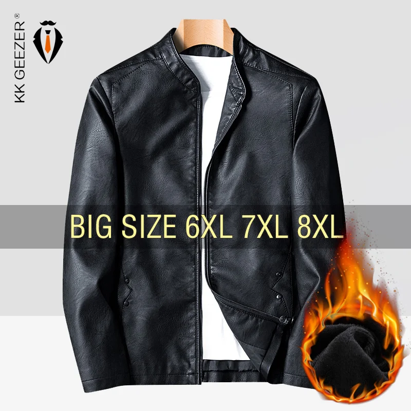 Leather Jacket Men Retro Fleece Black Motorcycle Jackets Plus Size 6XL 7XL 8XL Coats Flannel Warm Comfort High Quality