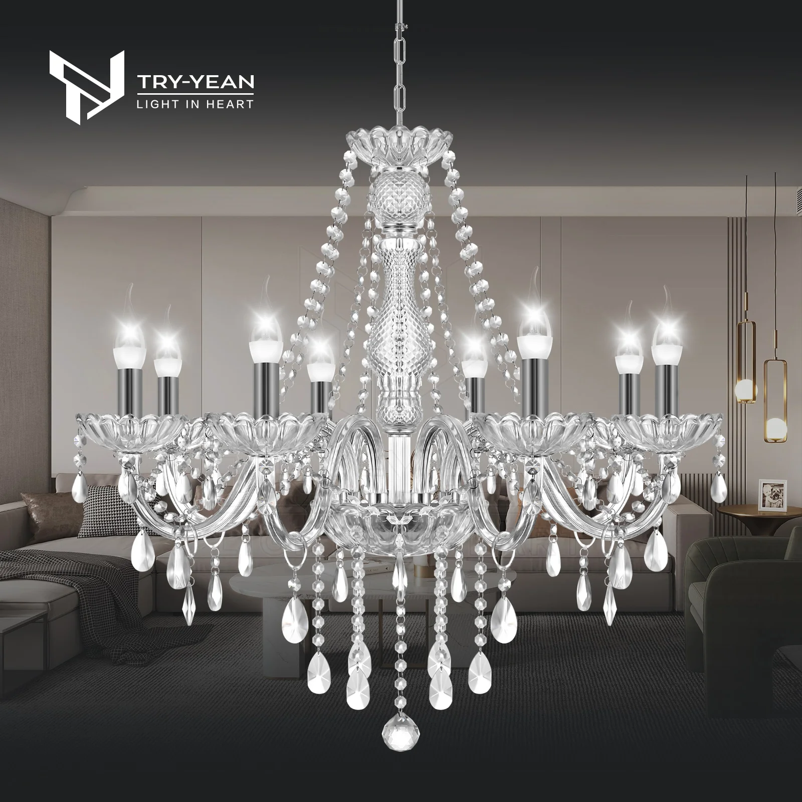 

TRY-YEAN Cognac Crystal Glass Chandelier 8 Arms Chandelie Glass Living Room Bedroom Wedding Decor Hanging Lamp Lobby Suspension