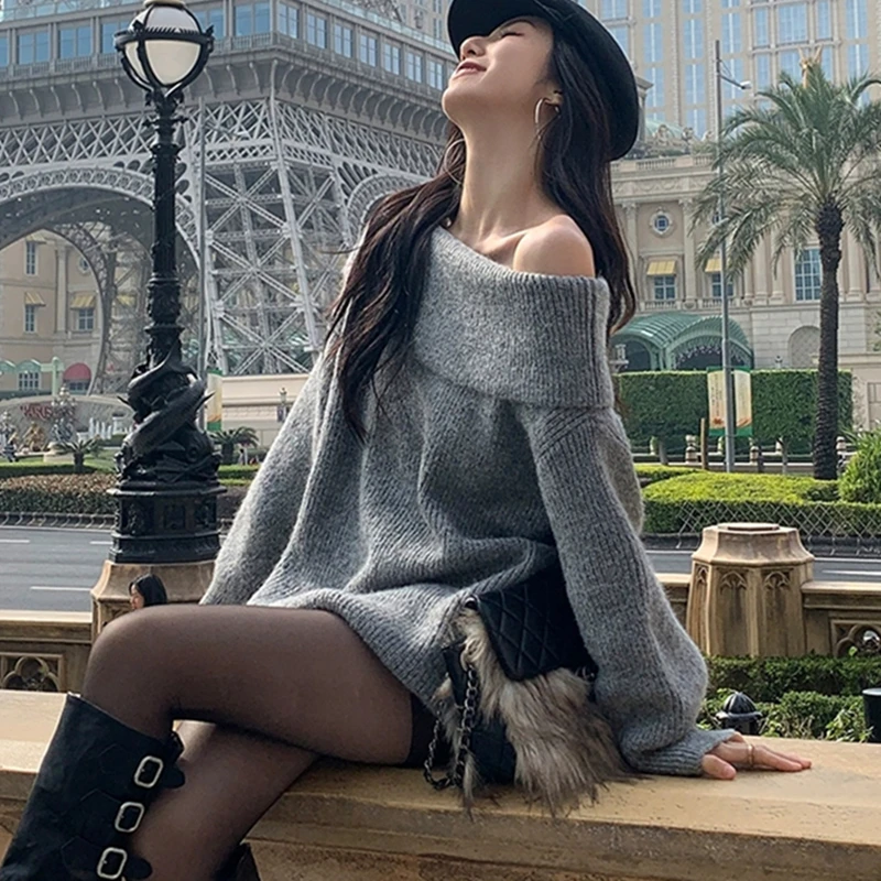 

2025 Korean Version Shoulder-Bared Thickened Loose Knitted Sweater Women Autumn Winter High-End Feelings Casual High Quality Top