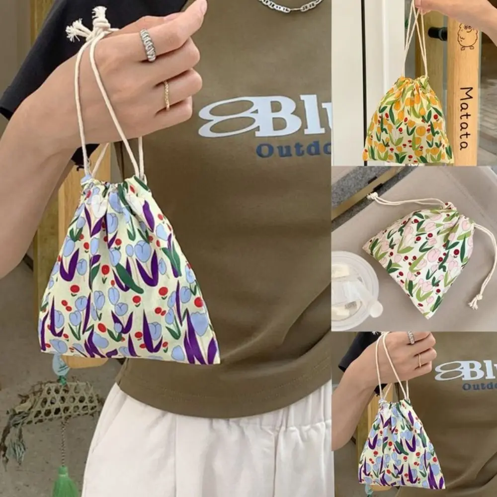 Fresh Canvas Drawstring Storage Bag Portable Drawstring Purse Tulip Mouth Storage Bag Girl