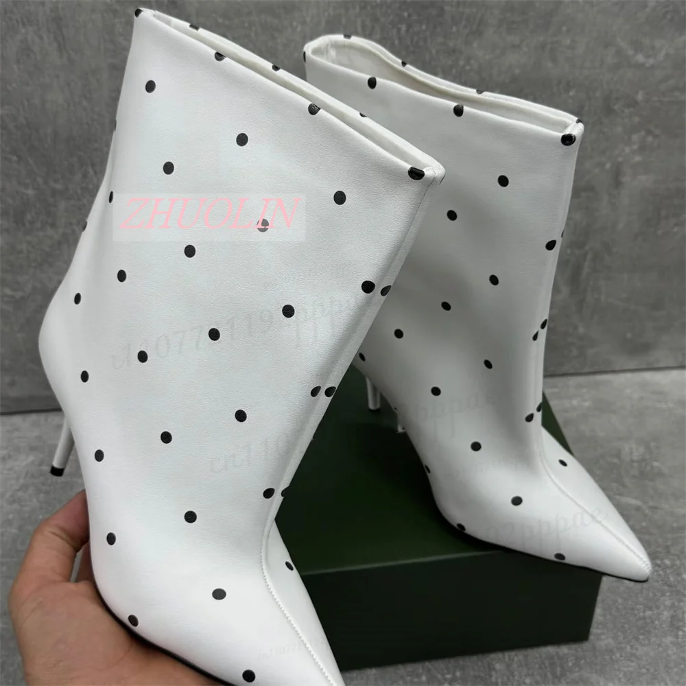 Women Black White Polka Dot Mid Calf Boots Pointed Toe Kitten Heels Wide Straight Shaft Smooth Finish Autumn Casual Dress Shoes - view 4
