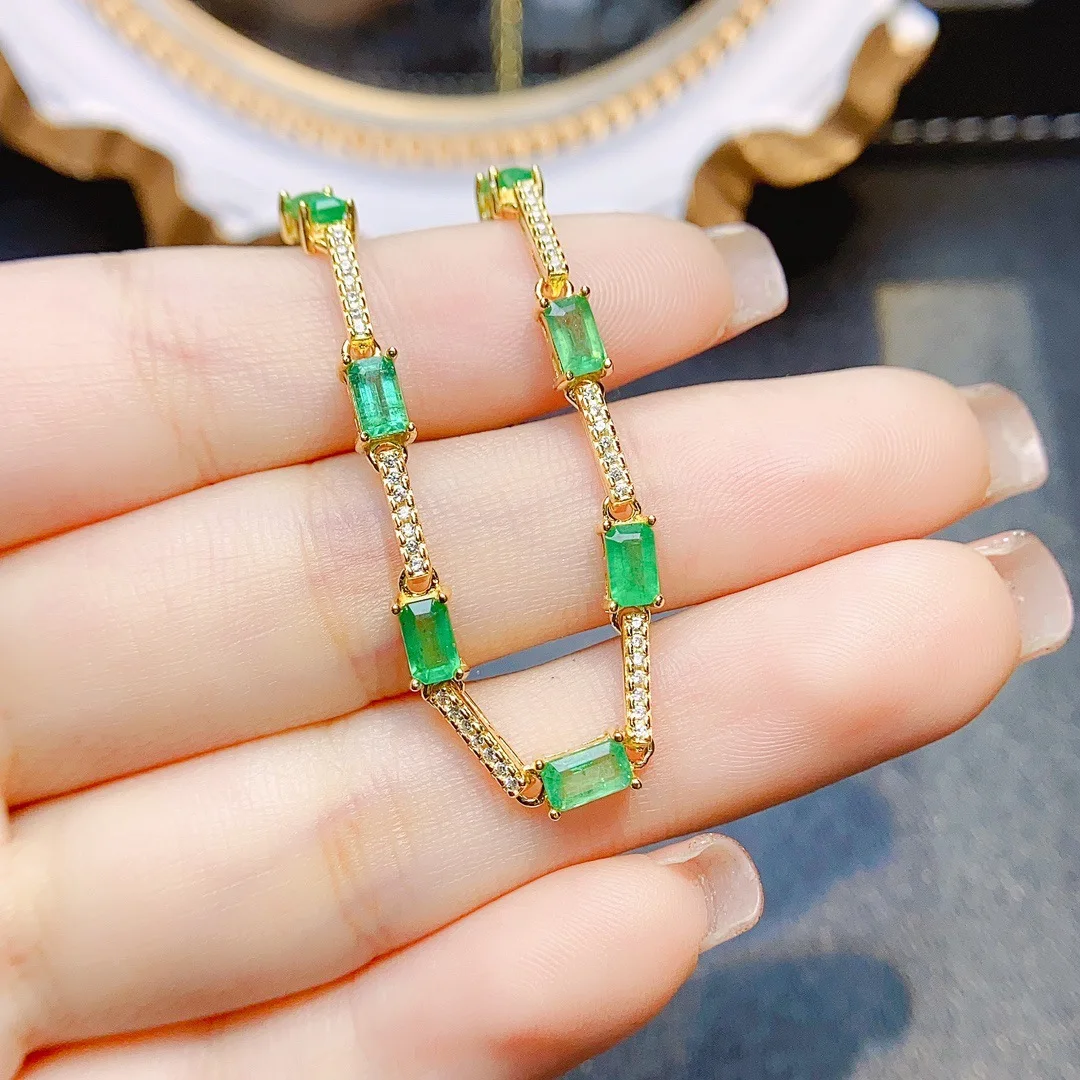 Square Natural Emerald Bracelet 3x5mm, S925 Silver Inlaid Green Gemstone Jewelry