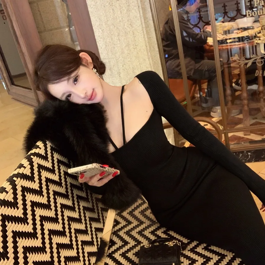 Сексуальное трикотажное платье Long Sve, женское облегающее платье с запахом, длинное платье, осень-зима, новинка, китайская мода для девочек