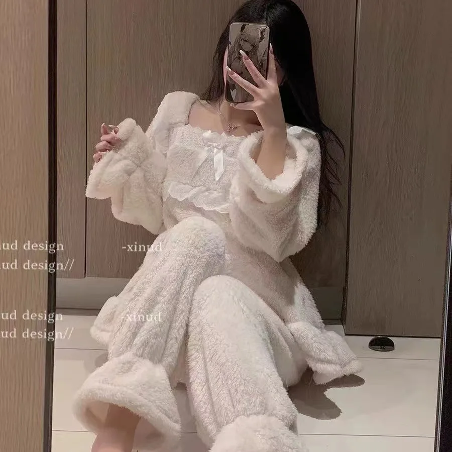 

Новая осенне-зимняя женская ночная рубашка из кораллового флиса, теплая пижама, кружевное платье-пижама, флисовый фланелевый комплект домашней одежды