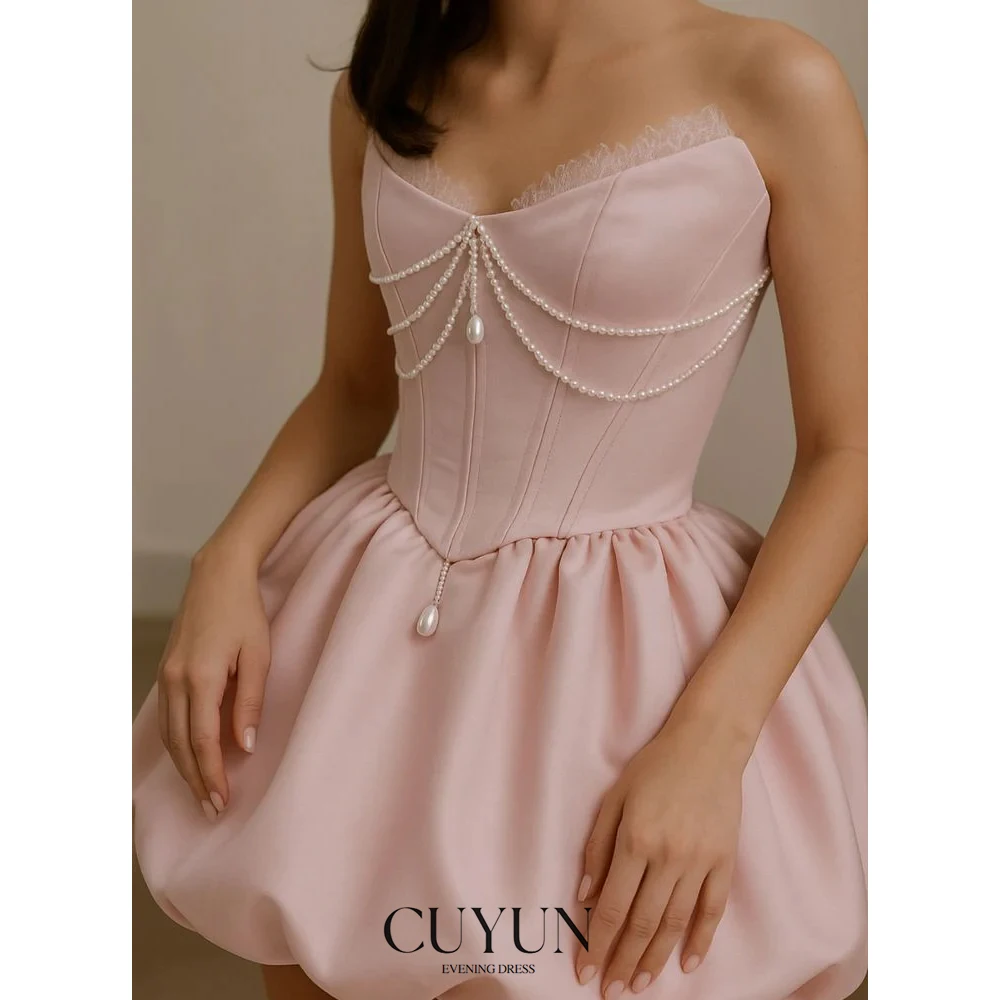 

CUYUN Sweet Pink Mini Homecoming Dresses A-line Pearl Beaded Birthday Party Dress Customized Short Prom Dresses Evening Gown