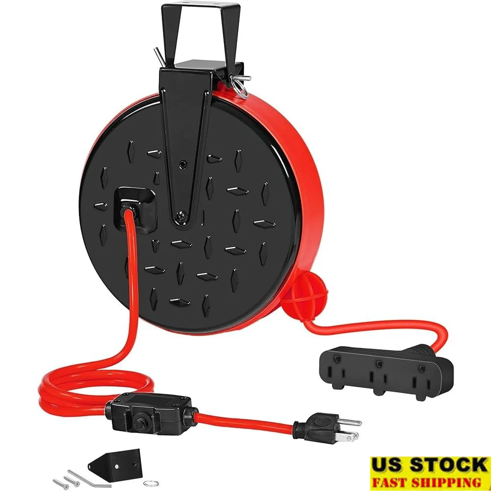 

30Ft Retractable Extension Cord Reel 16Gauge SJTW Power Cord 3 Outlets Circuit Breaker Garage Shop 10A Safety Features