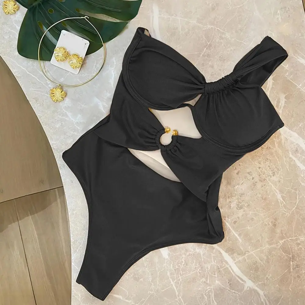 Sexy S-Shaped Figure Hollow Monokini Women One-Piece Swimsuit One Shoulder Padded Steel Support Buckles Swimwear Bathing Suit
