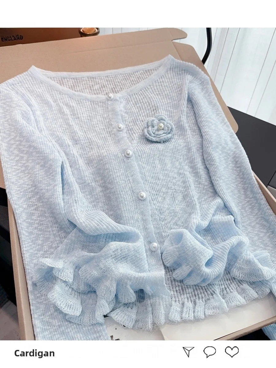 

White Breathable Ice Silk Summer Thin Long Sve Knitted Cardigan Women's Sweet Top with Flower Lace Hem Korean Sle Straig...