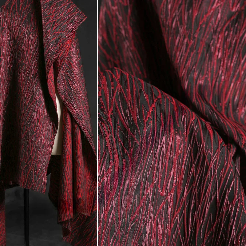 

Red Black Silver Thread Jacquard Fabric 3D Textured Creative Structured Apparel Bags Material for Designer & DIY Sewing
