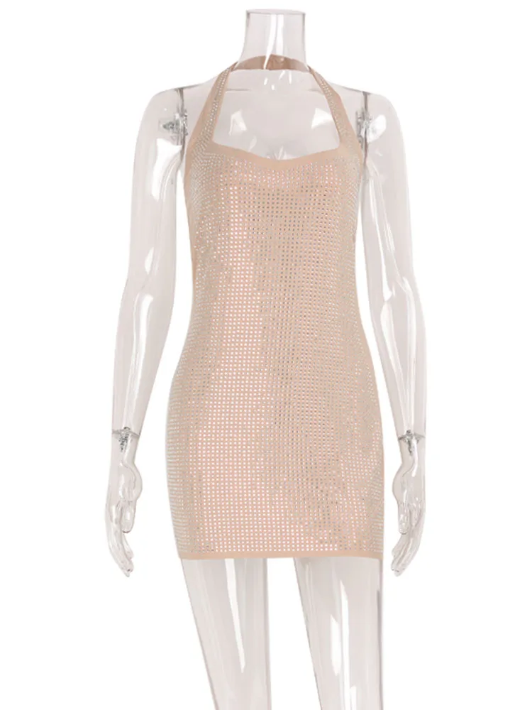 Ahagag Sexy Diamanten Vrouwen Mini Jurken Schede Effen Halter Slim Fit Regelmatige Causale Streetwear Vierkante Kraag Vrouwelijke Vestidos