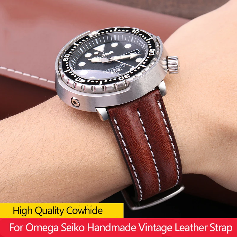 New Handmade Vintage Leather Watch Band for Omega Speedmaster Super Seamaster Seiko Cowhide/Alligator Strap Bracelet Brown 22mm