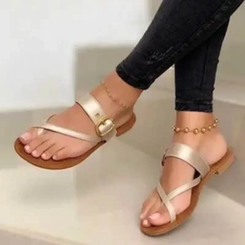 Zapatillas romanas de tacón bajo para mujer, zapatos con decoración de hebilla sólida, Punta abierta, gran oferta, verano, 2024