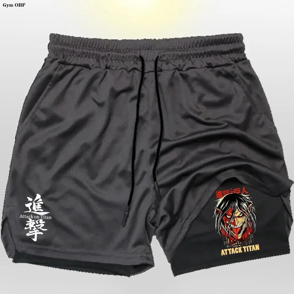 Men Running Shorts 2 In 1 Double Deck Quick Dry Gym Sportswear Fitness Workout Training Male Short Pants Anime Attack On Titan