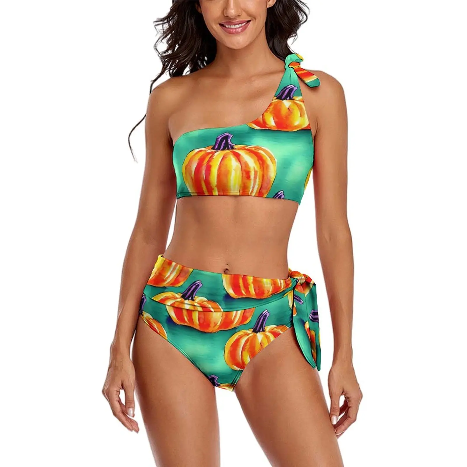 Pumpkins Print Bikini Swimsuit Sexy Watercolor Halloween High Waist Bikini Set Ladies Novelty Swimwear Beach Outfits