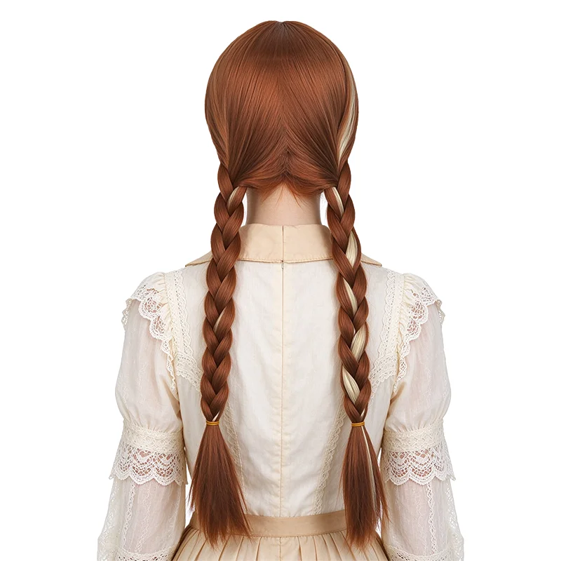 Anna Princess Cosplay Wig Brown with Blonde Highlights Double Braided Long Pigtails Synthetic Wig For Halloween Party Costume