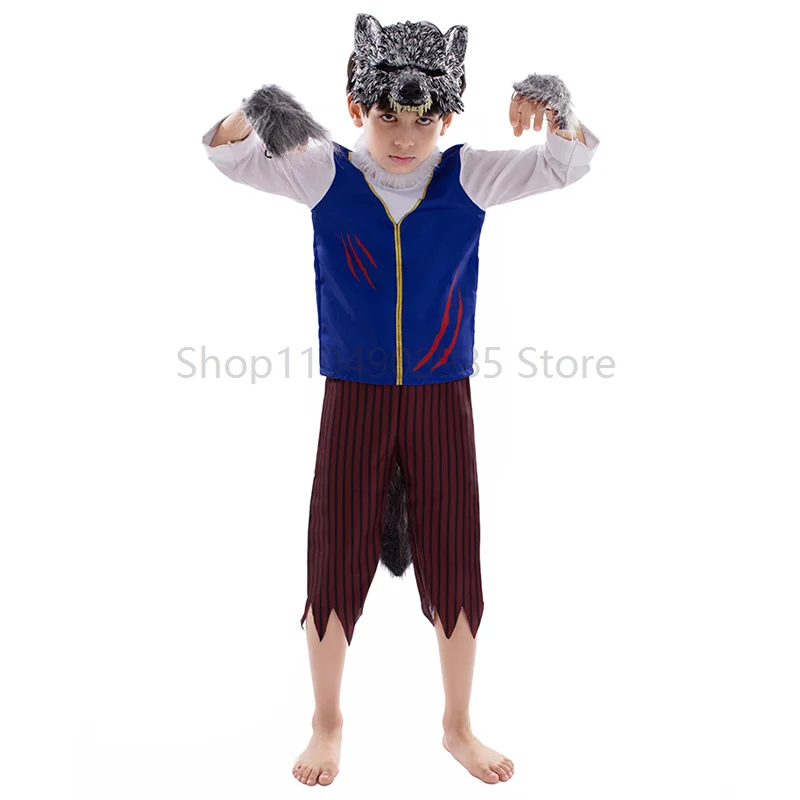 

2025 New Arrival Unisex Girls Boys Halloween Costume Children Wildman Wolf Gray Devil Werewolf Costume Set