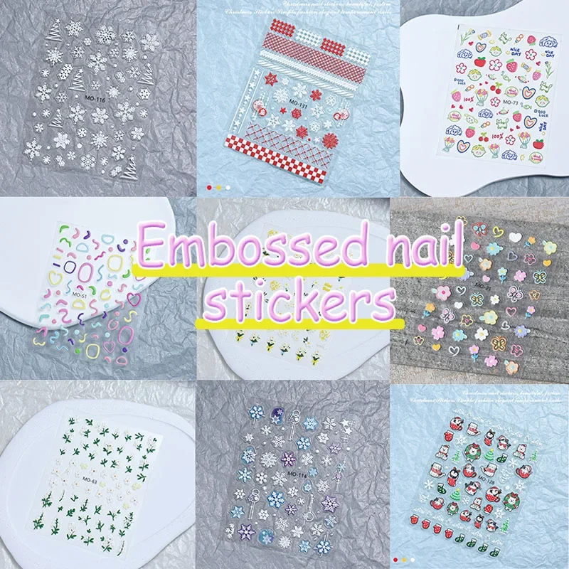 

New 5D Macaron Flower Nail Charms Sticker Embossed Slider Decals Adhesive Halloween Christmas Letter Nails Manicure Decor ZJT10