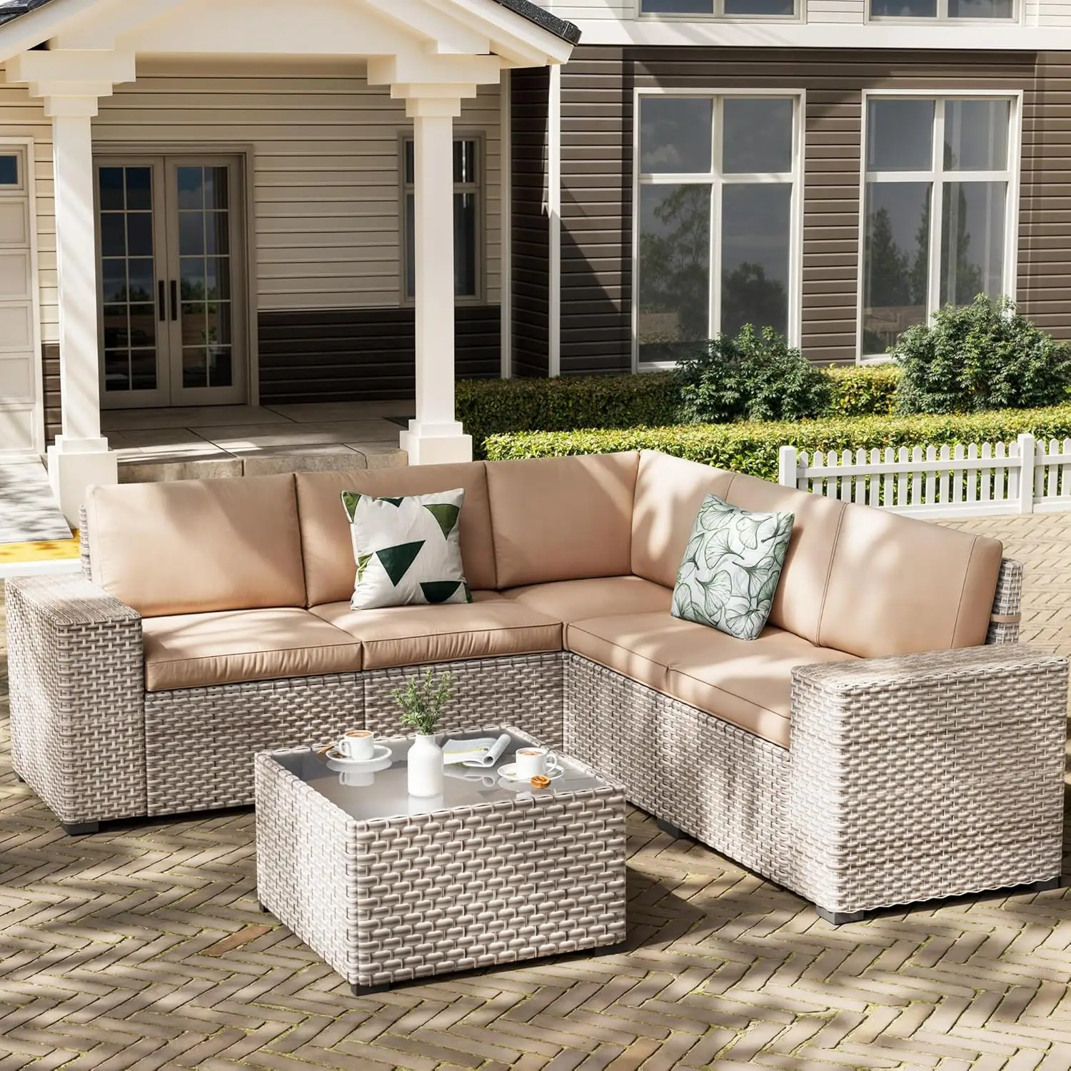 6 Pieces Patio Furniture Set, Outdoor Sectional Wicker Sofa with Thickened Cushions and Coffee Table, High Back, Customized