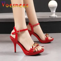 Voesnees Ladies Stiletto Pure Color Gold Chain Sandals 2022 New Summer Buckle Strap Fashion Dress High Heels Women Shoes Size 43